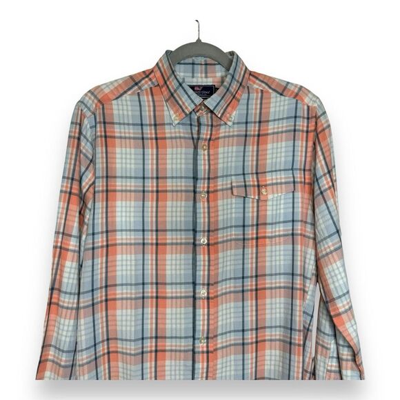 Vineyard Vines Slim Crosby Shirt S Men Orange Gray Plaid Cotton - Picture 3 of 8